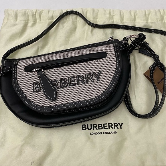 Burberry Mini Double Olympia Logo Appliqué Canvas & Black Leather Bag Dust Bag - Picture 8 of 16